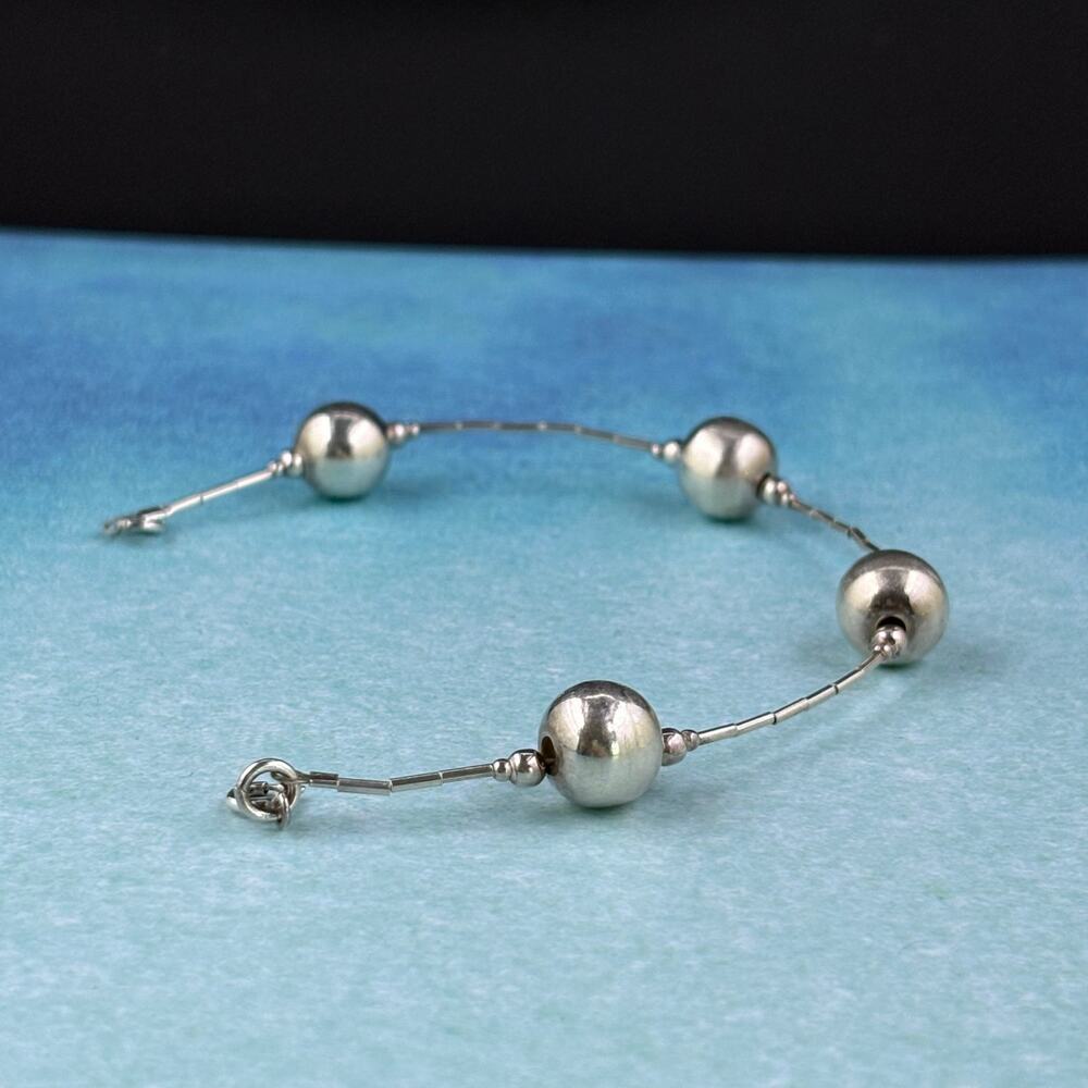 Vintage Sterling Silver Bead Bracelet 7.5 Inch, 925 Silver Link Bracelet